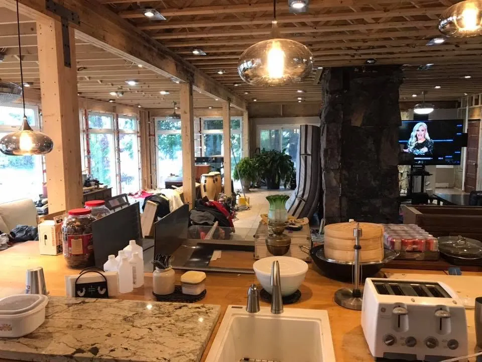 Pendant and recessed lights installed during a lake house renovation.